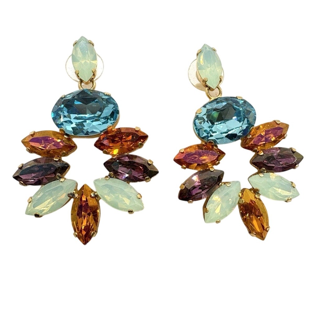 Colorful‎ Rhinestone Dangle Drop Gold Tone Earrings Pierced Statement Heavy